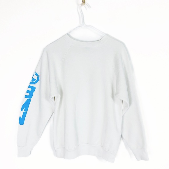 Vtg 80s 90s BMW Bavarian Motor Works Logo Fruit of the Loom White Sweatshirt L - Picture 2 of 12
